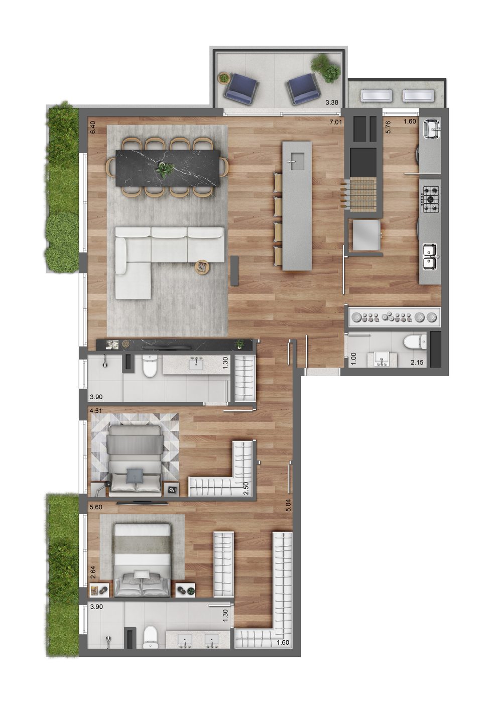 Planta do final 1 do Ares Soledade, 131 m² com 2 suítes e living estendido