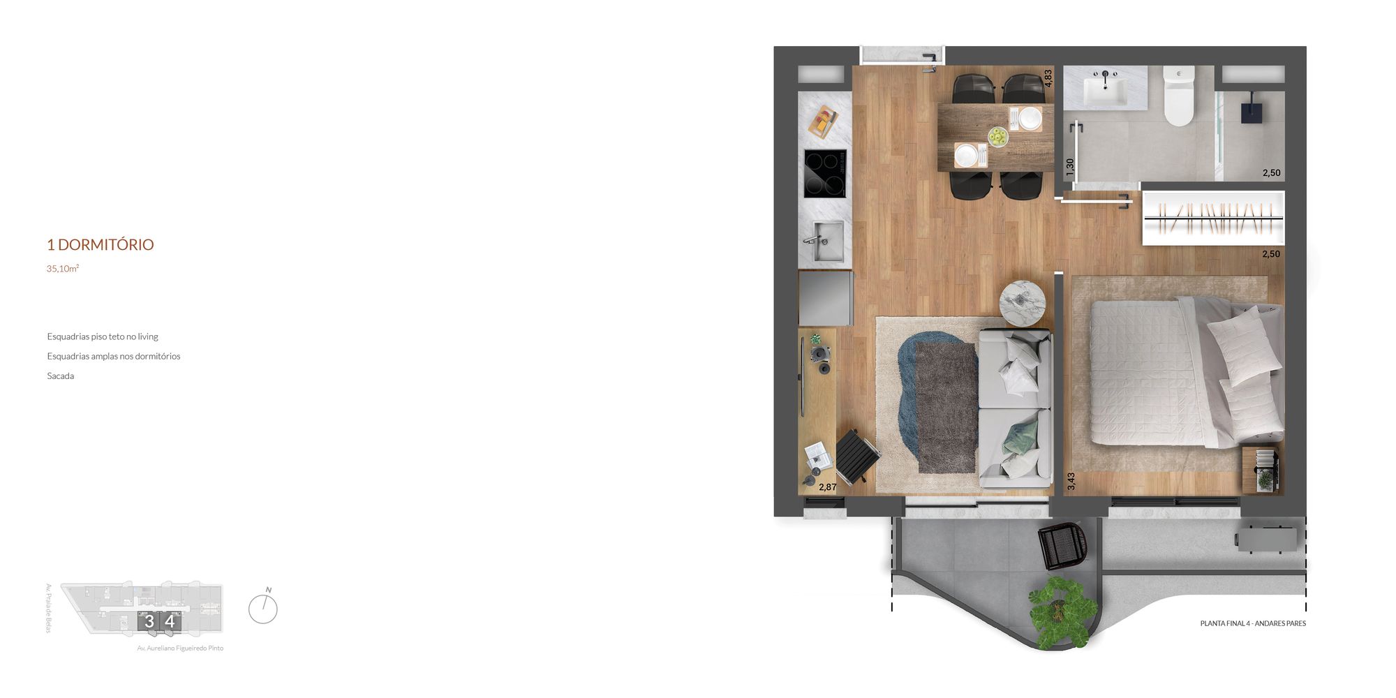 Planta do Orla com 1 dormitório, 35,10 m²