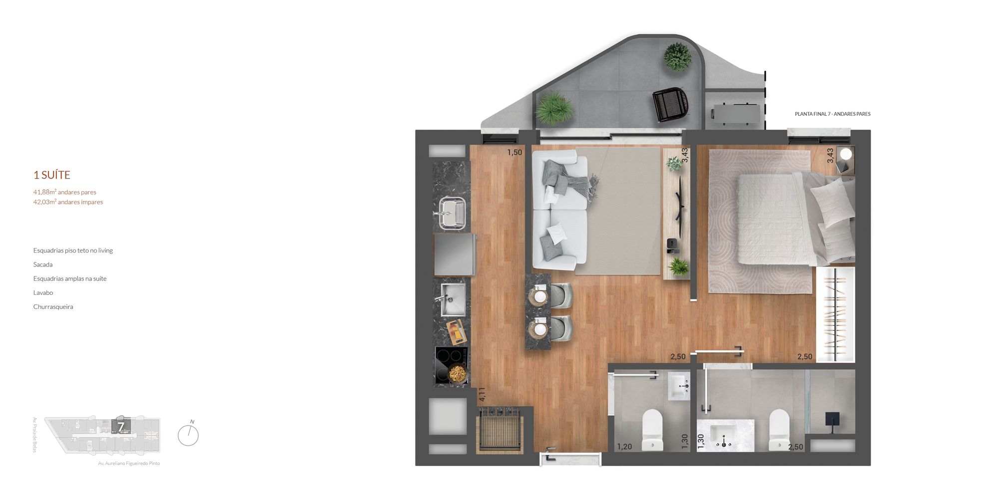 Planta do Orla com 1 suíte, 41,88 m² nos andares pares e 42,03 m² nos ímpares