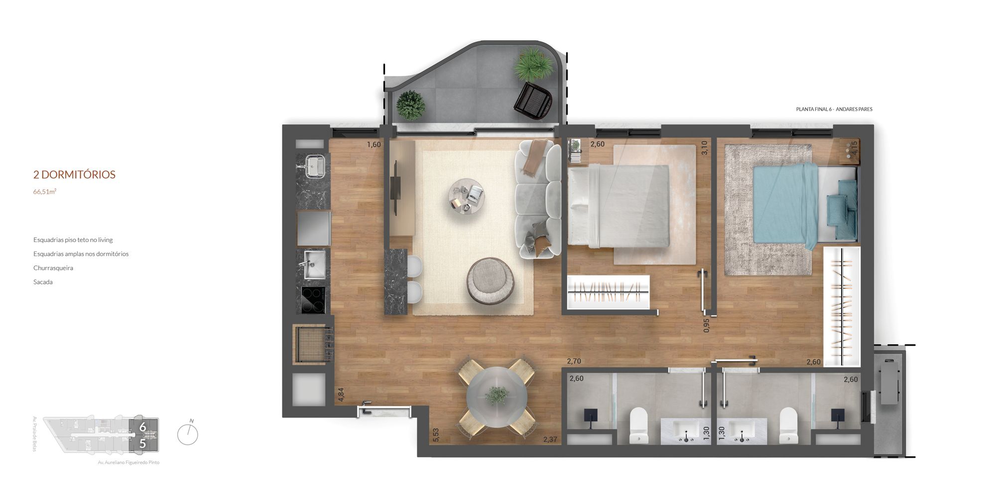 Planta do Orla com 2 dormitórios, 66,51 m²