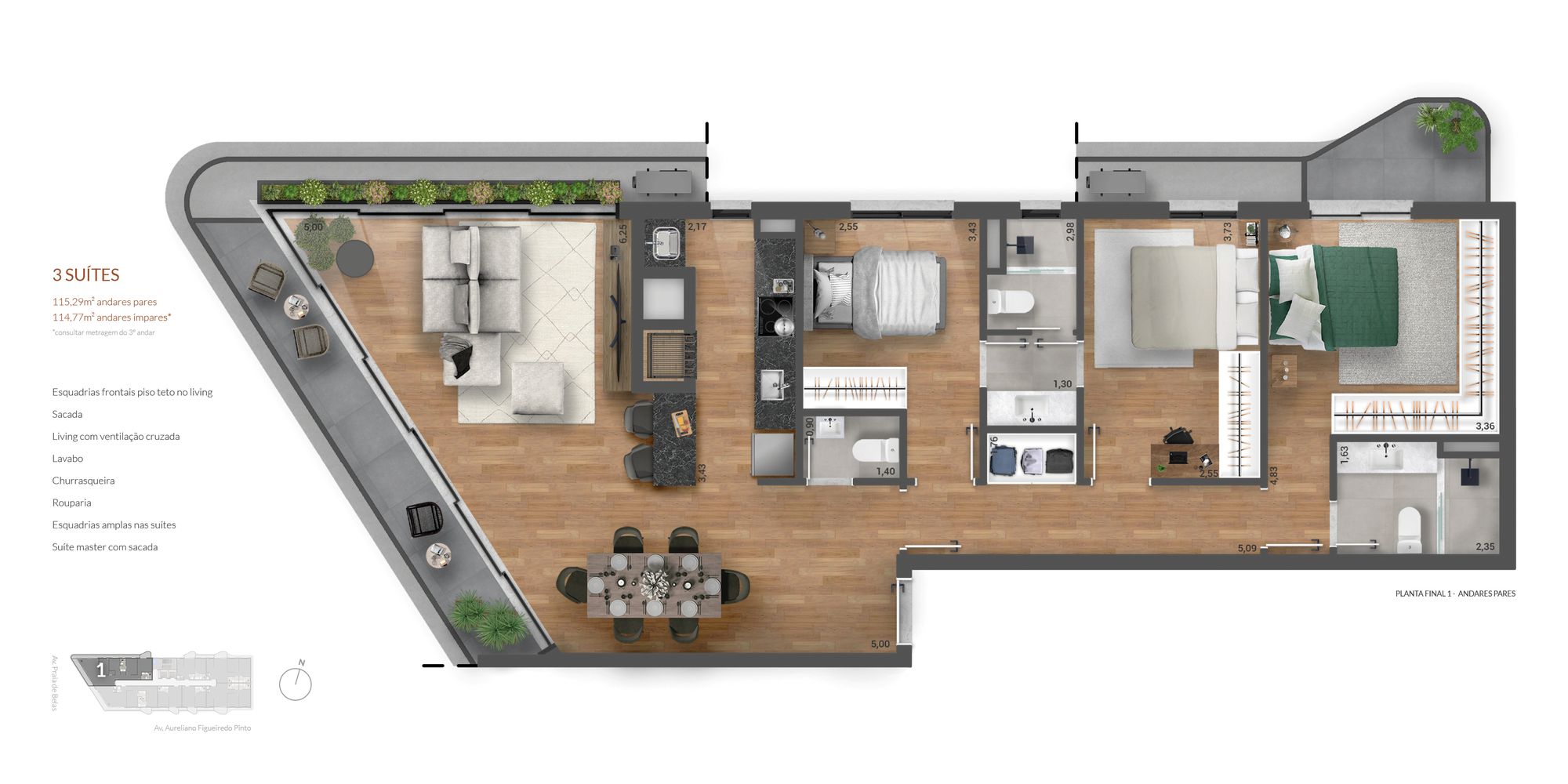 Planta do Orla com 3 suítes, 115,29 m² nos andares pares e 114,77 m² nos ímpares