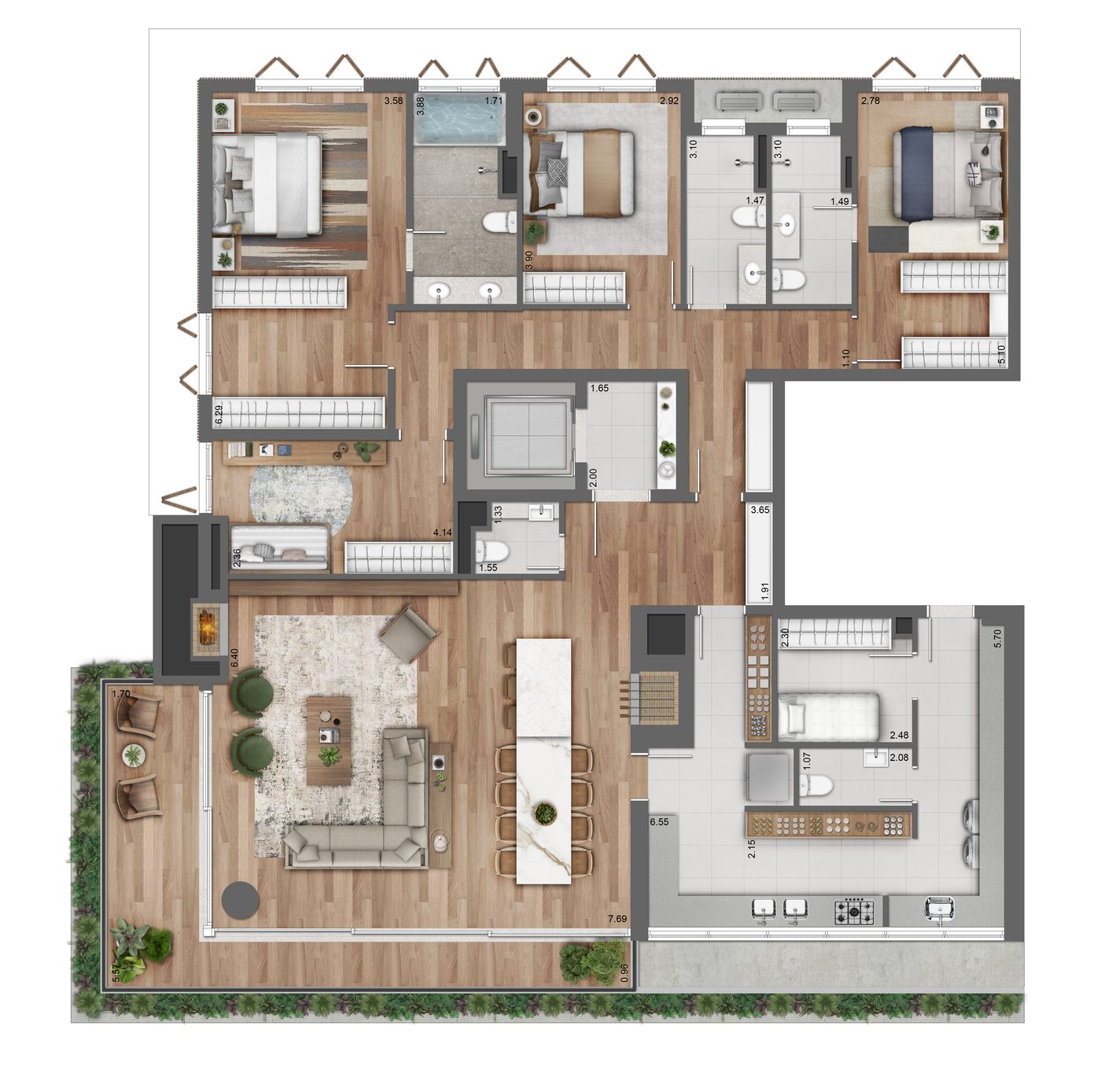 Planta do apartamento do Tomaz de 232 m², opção 01