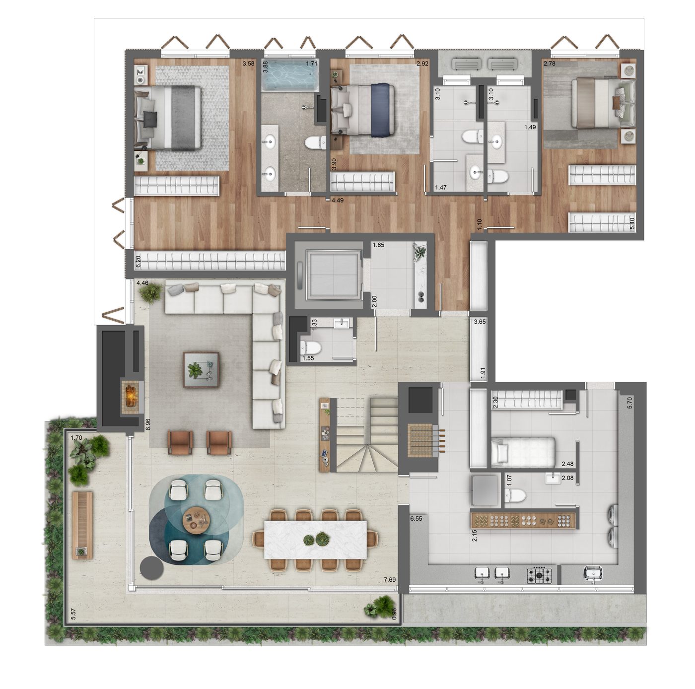Planta do pavimento inferior da cobertura do Tomaz, de 464 m²