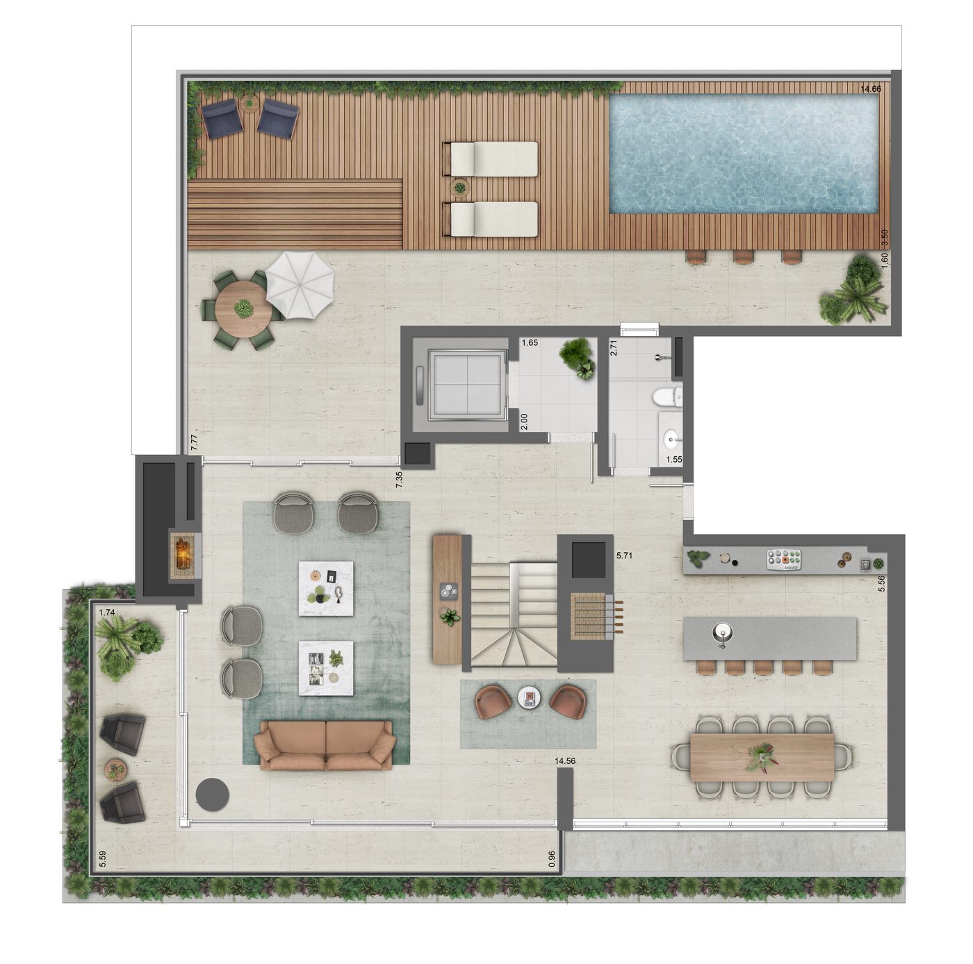 Planta do pavimento superior da cobertura do Tomaz, de 464 m²